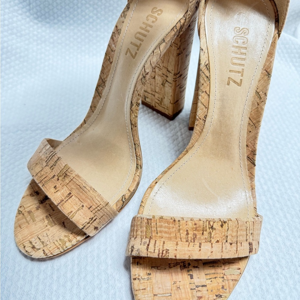 SCHUTZ Tan Cork Heels Elegant Summer Sandals